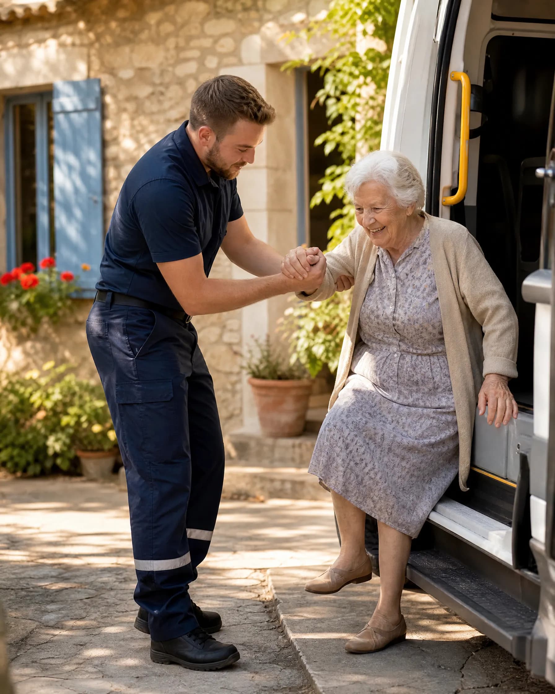 Chauffeur ambulancier France Ambulance aidant avec douceur et respect une patiente âgée à descendre du véhicule