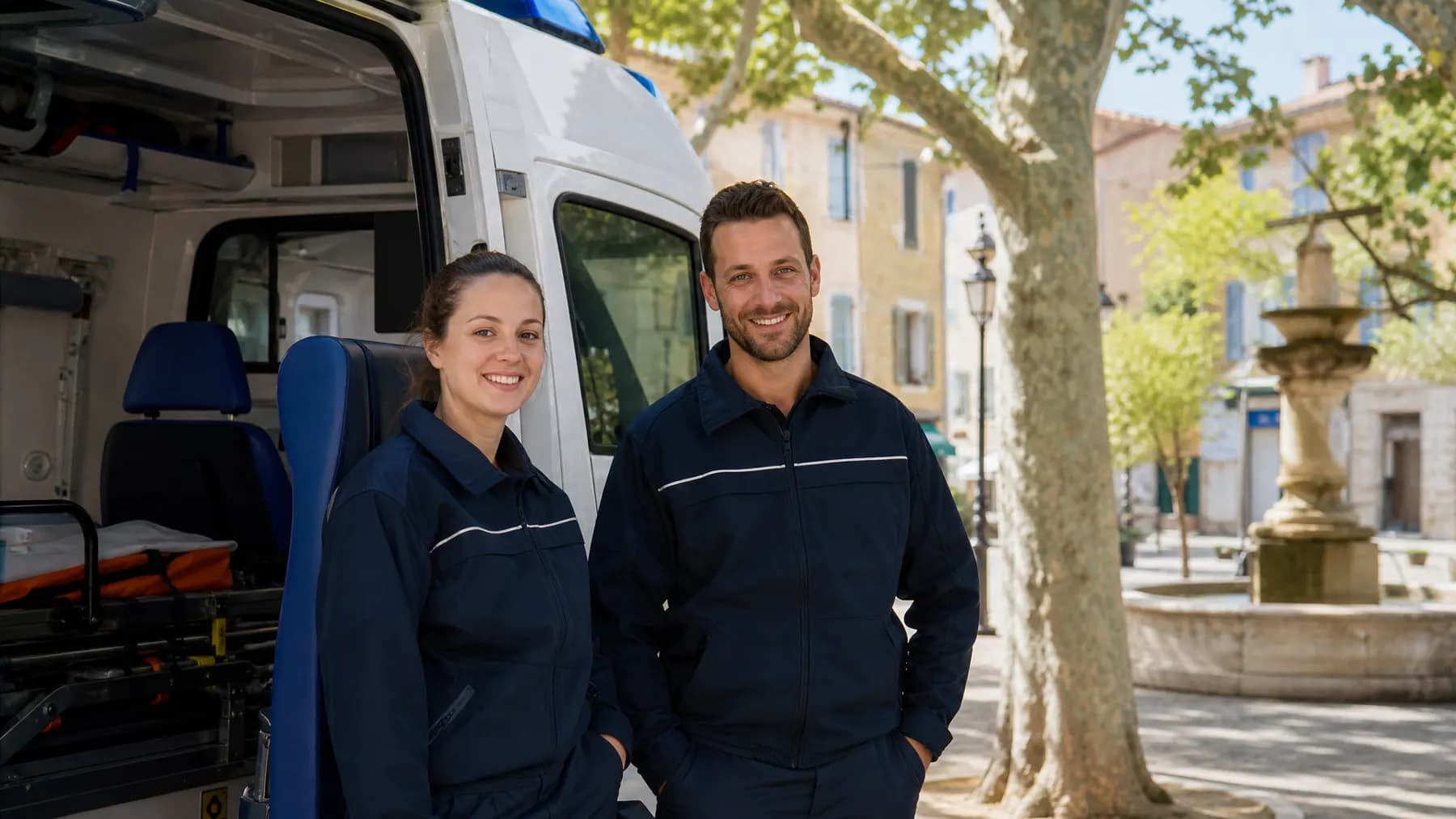 Ambulanciers professionnels France Ambulance souriants et bienveillants devant leur véhicule sanitaire