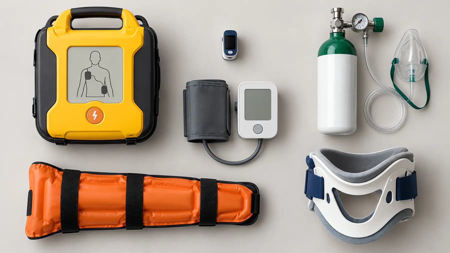 Matériel médical embarqué France Ambulance : défibrillateur DSA, bouteille d'oxygène, saturomètre, tensiomètre, collier cervical et attelle