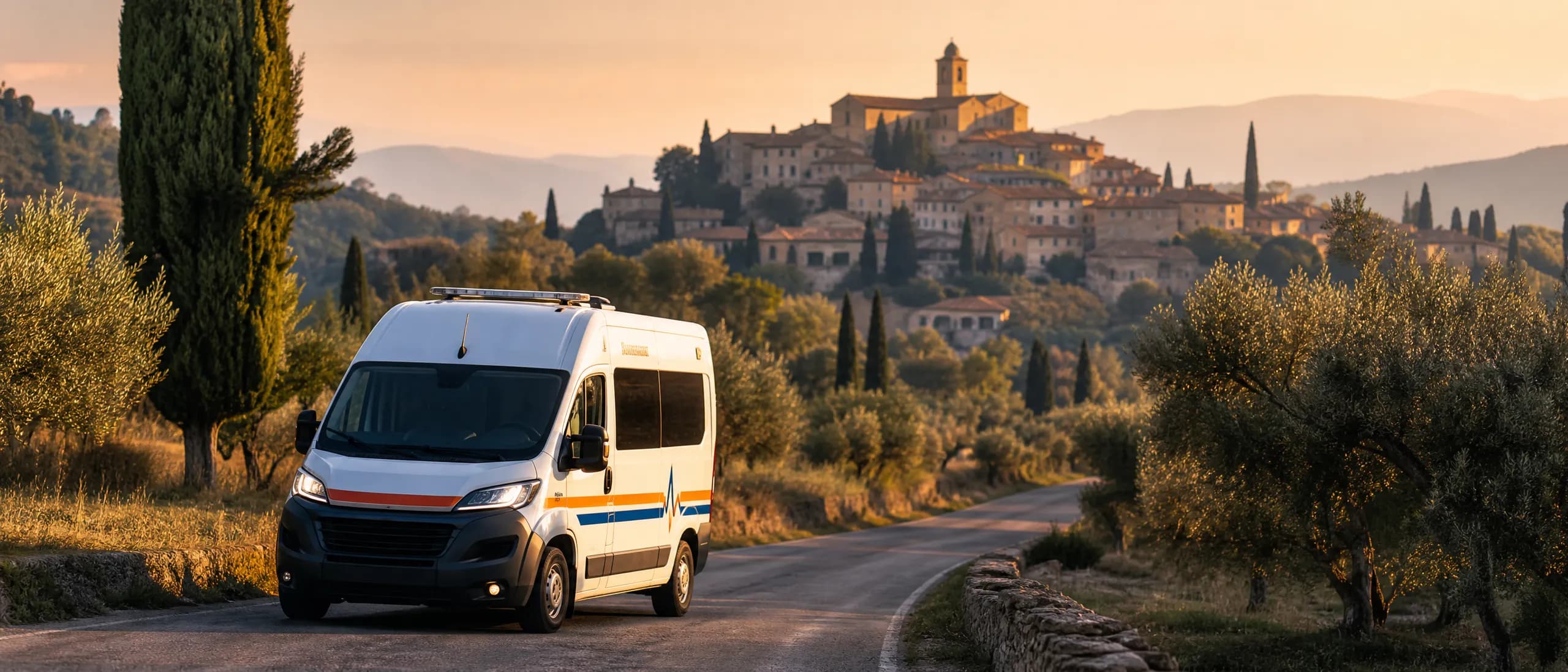 Ambulance France Ambulance sur une route bordée d'oliviers, village perché du Pays de Fayence au coucher du soleil