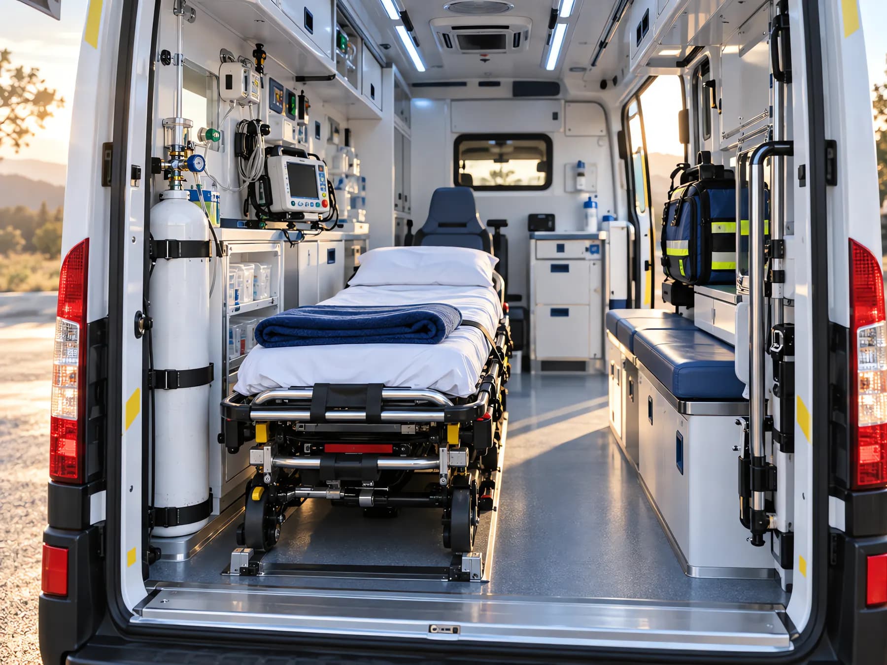 Cellule sanitaire équipée d'une ambulance France Ambulance avec brancard articulé et matériel d'urgence